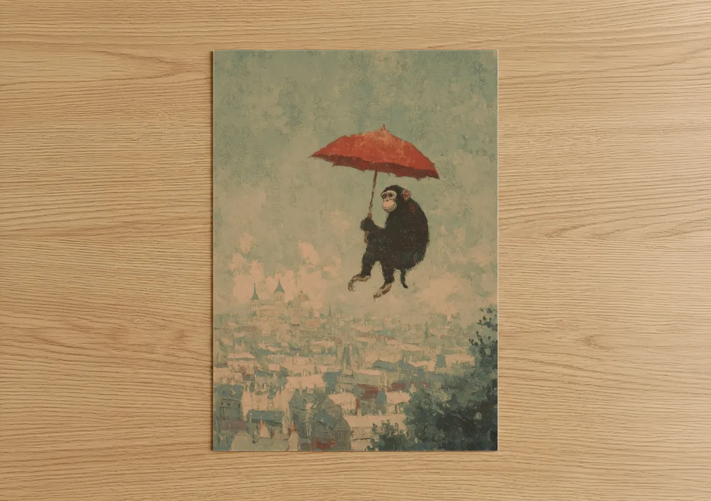 Art print on warm oak wood — sage green and cream palette — Umbrella Chimpanzee poster