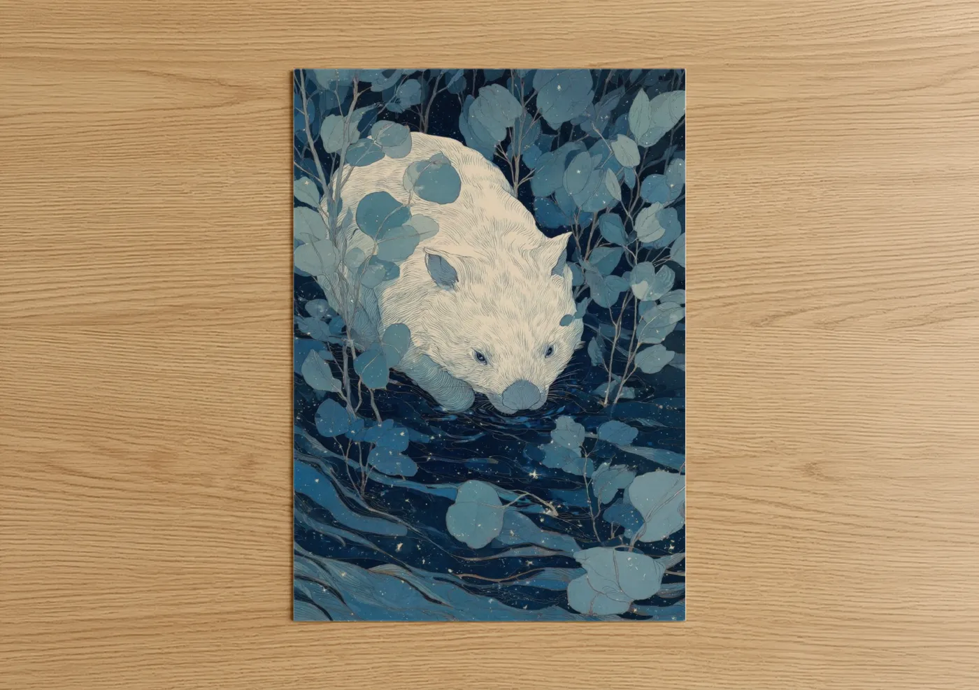 Art print on warm oak wood — blue and white and dark blue palette — Moonlit Wombat poster