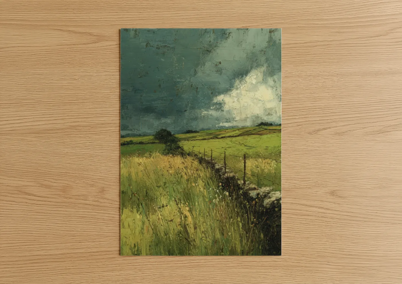 Stormy Green Field Landscape Painting Wall Art