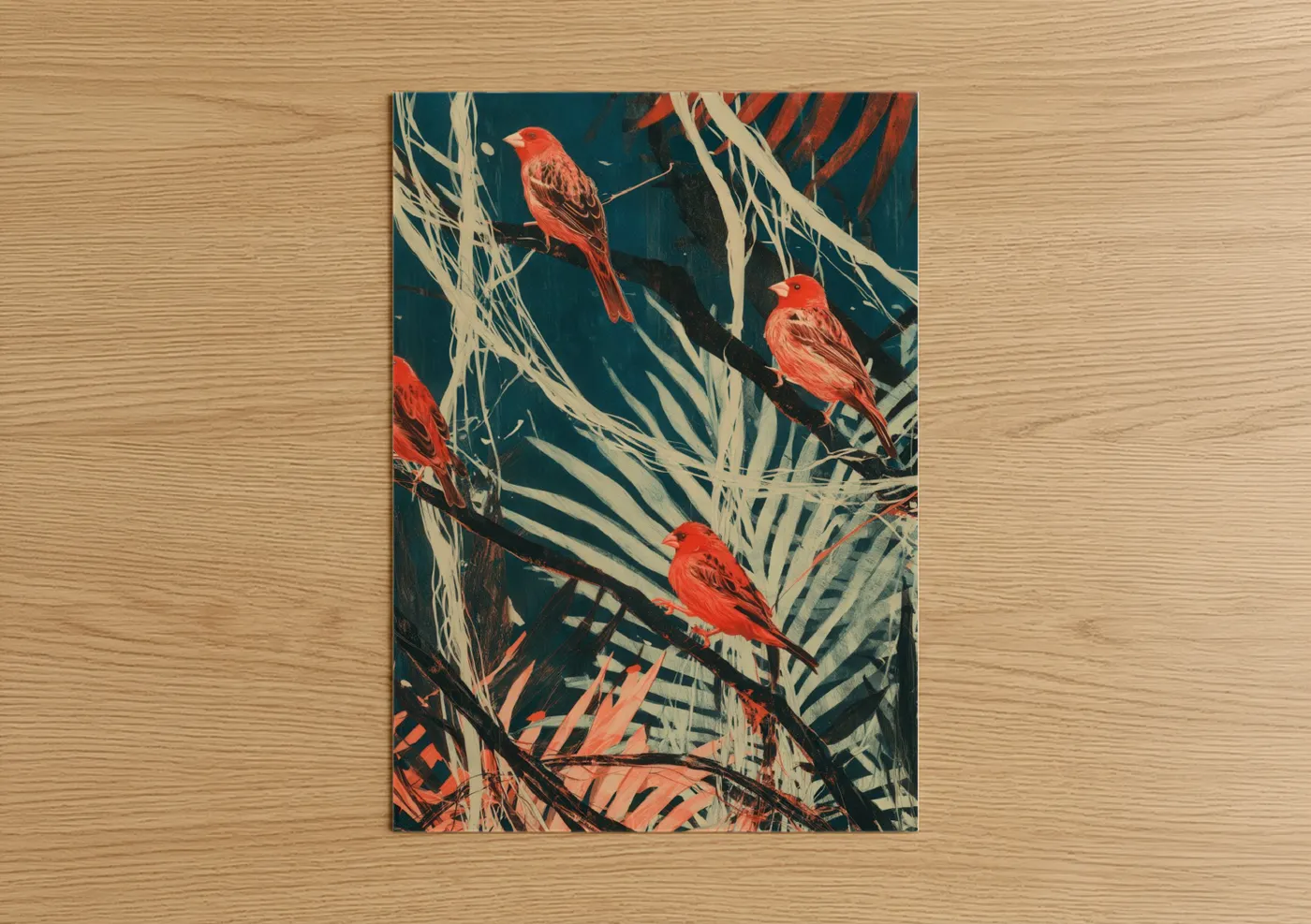 Art print on warm oak wood — red and dark blue palette — Crimson Finches poster