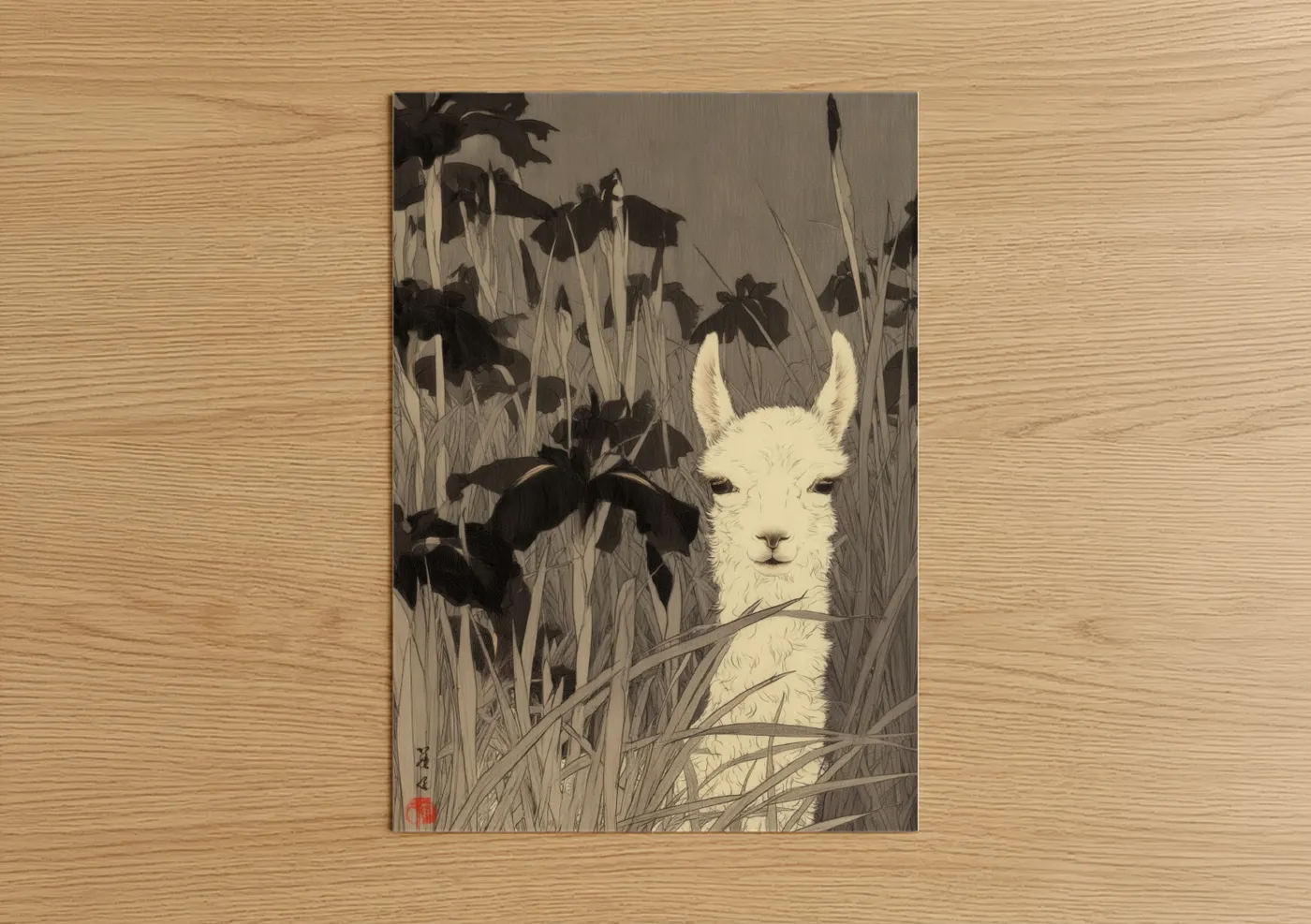 White Llama Among Dark Iris Flowers Wall Art