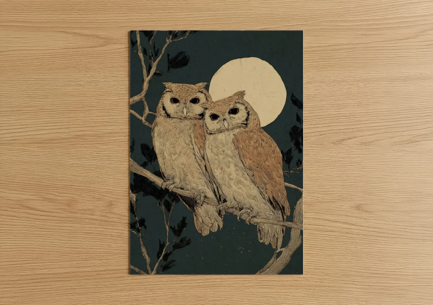 Animals in love art print on warm oak wood — cream and dove gray palette — Moonlit Owl Couple poster