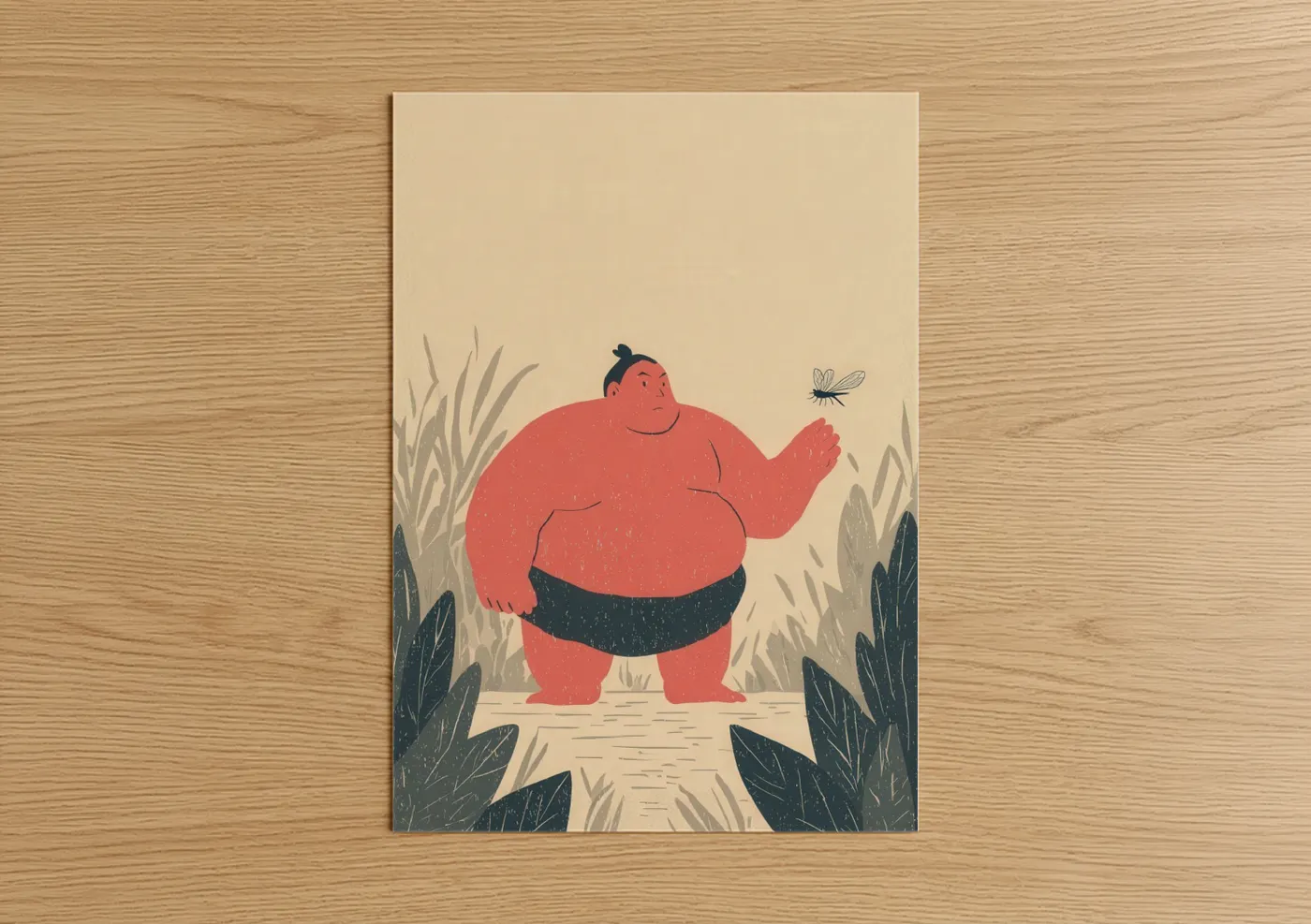 Art print on warm oak wood — peach and beige palette — Sumo Wrestler Meadow poster