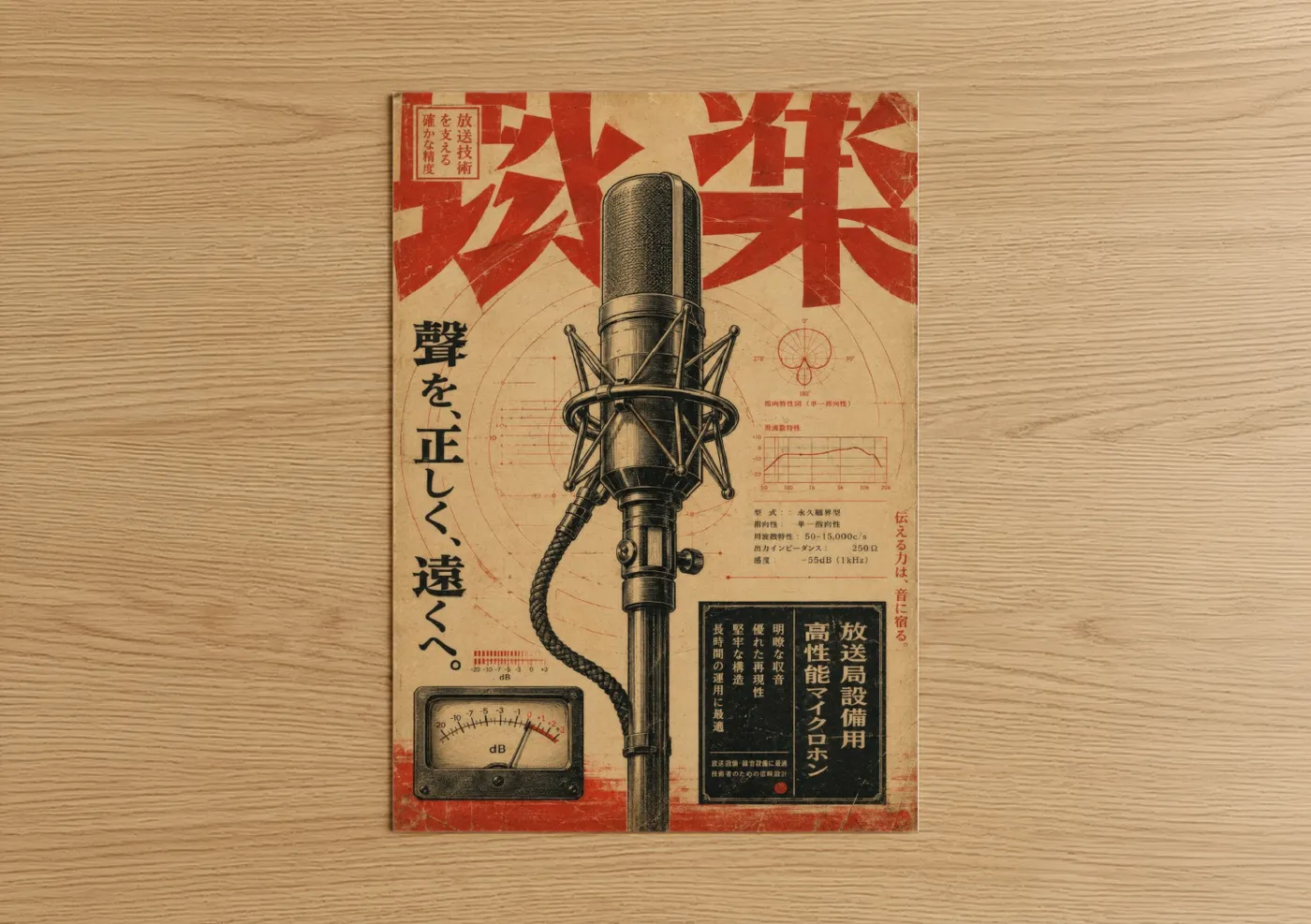 Art print on warm oak wood — red and beige palette — Vintage Japanese Microphone Retrofuturism Wall Art poster