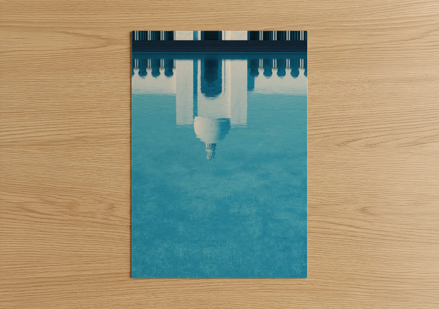 Art print on warm oak wood — blue and white palette — Mosque Reflection poster