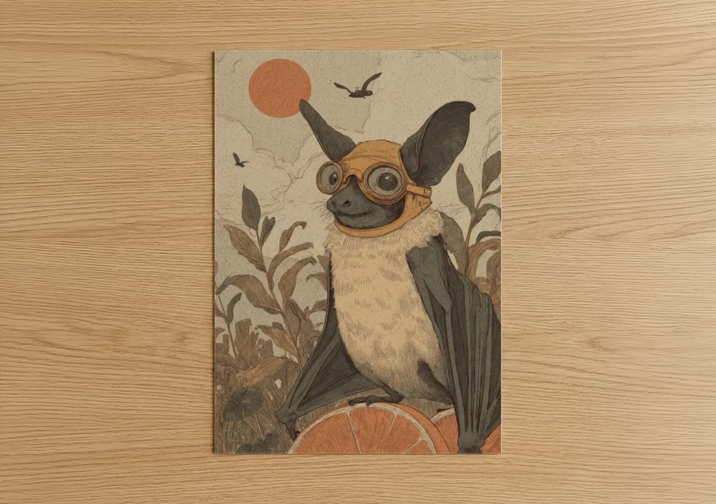 Art print on warm oak wood — beige palette — Adventurer Bat poster