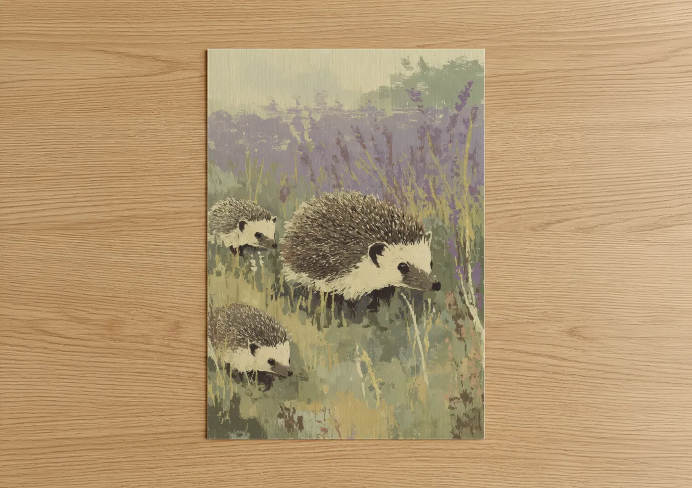 Art print on warm oak wood — lavender and sage green palette — Lavender Hedgehogs poster