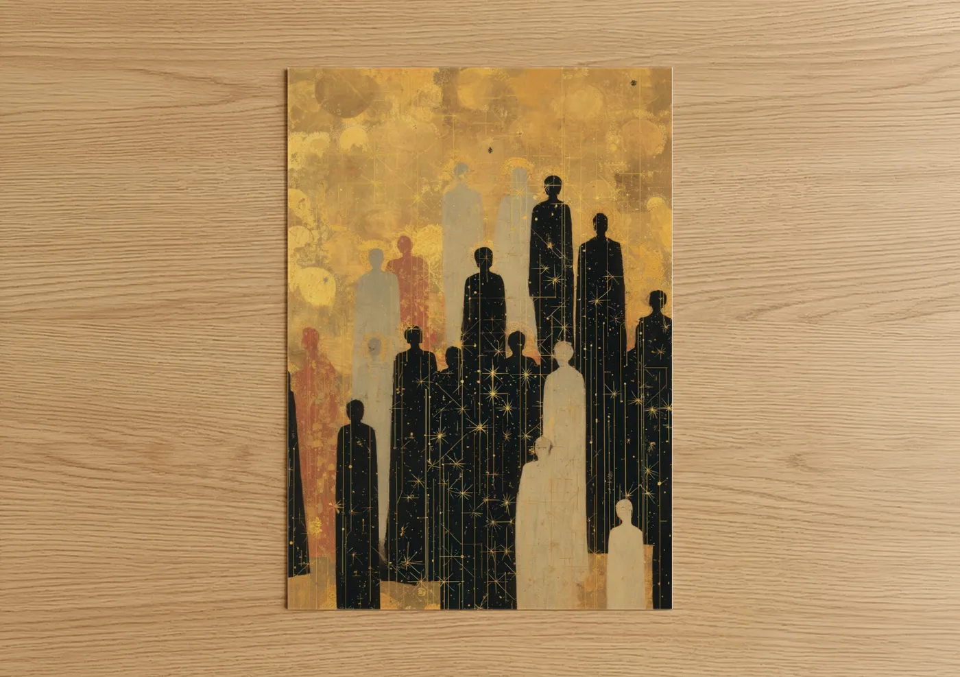 All saints day art print on warm oak wood — gold and black and gold palette — Celestial Ancestors poster