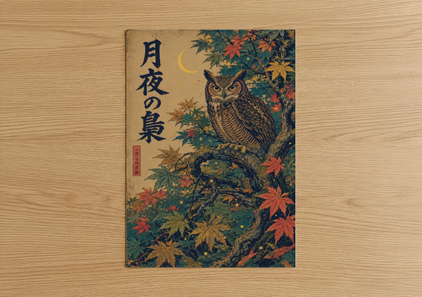 Art print on warm oak wood — espresso and orange palette — Moonlit Owl In Autumn Maple Tree Wall Art poster