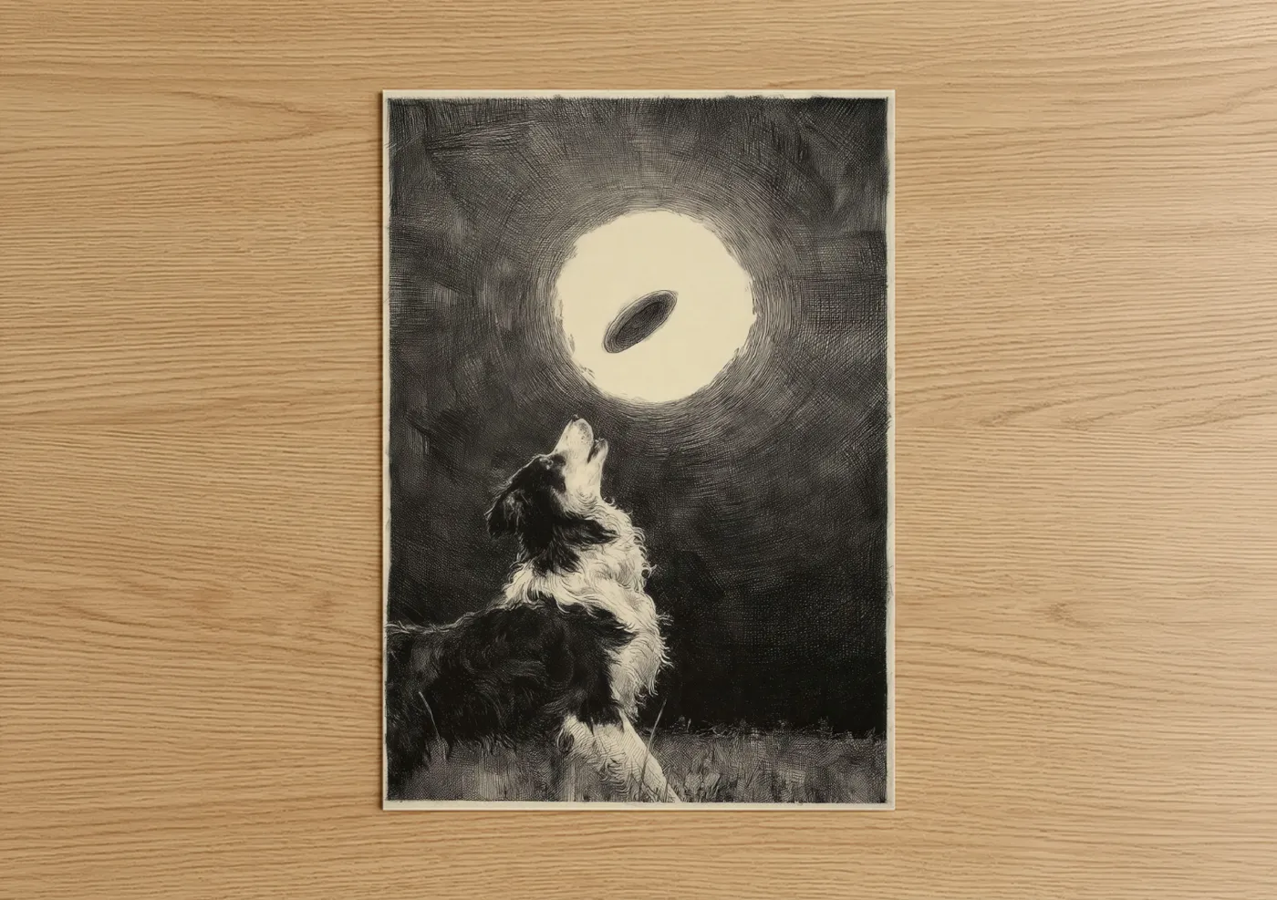 Shepherd Dog Howling Moon Etching Wall Art