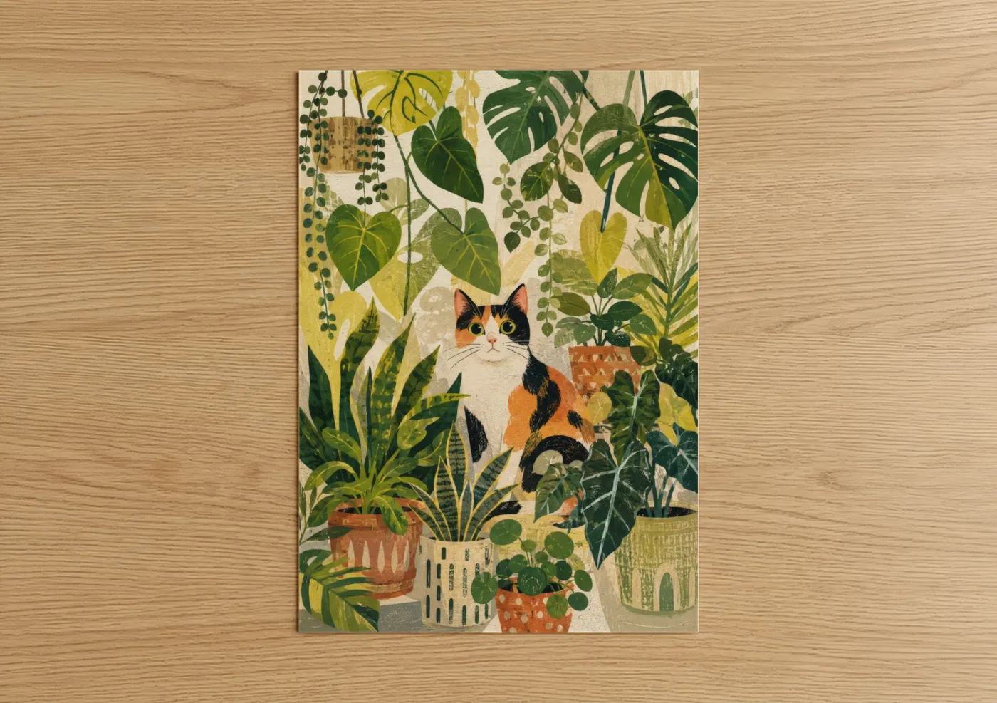 Art print on warm oak wood — green and beige palette — Calico Cat in Botanical Garden Wall Art poster