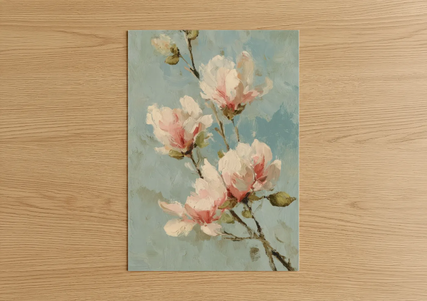 Art print on warm oak wood — peach and blue palette — Blush Magnolia Branch poster