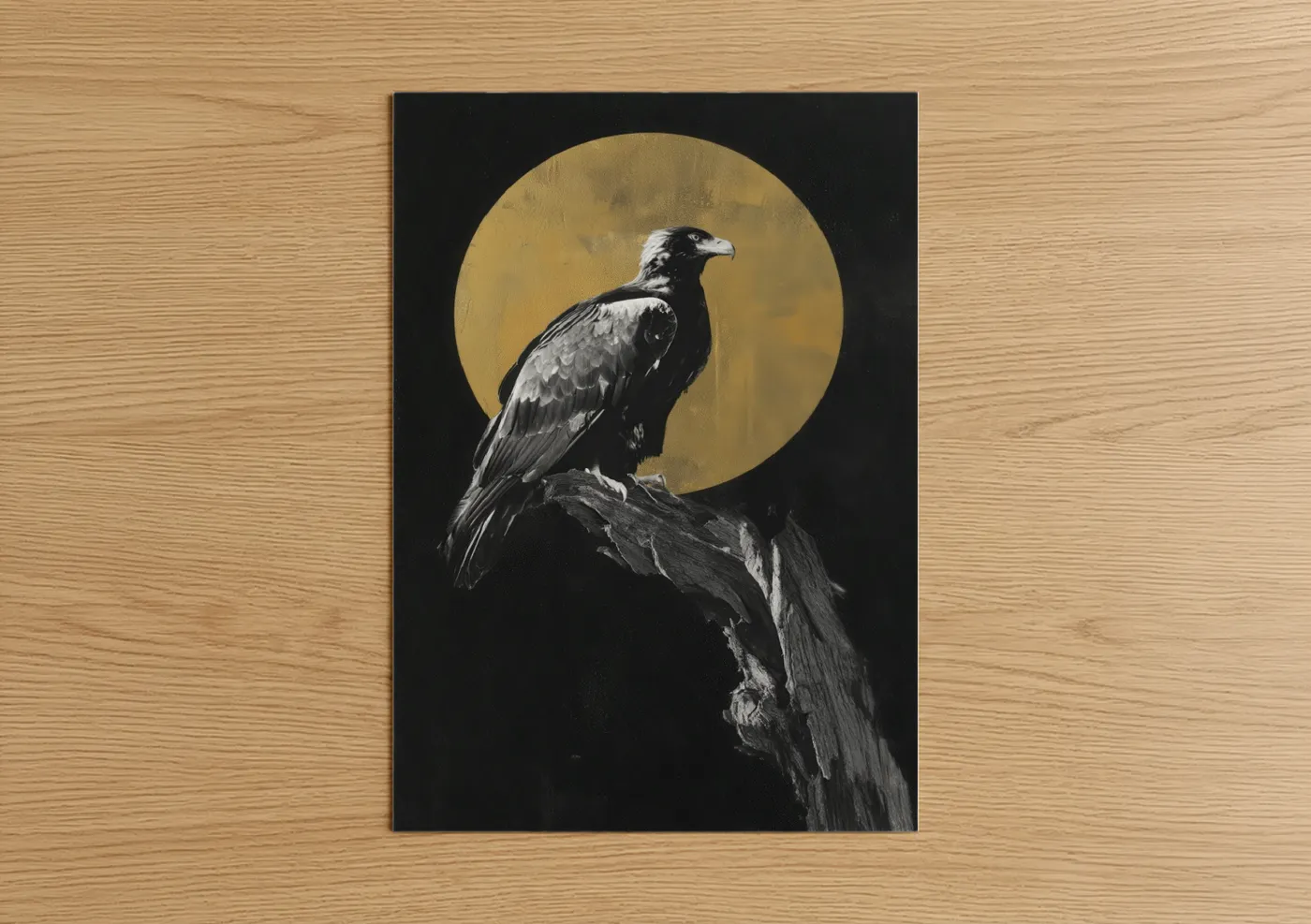 Art print on warm oak wood — black and white and yellow gold palette — Golden Sentinel Eagle poster