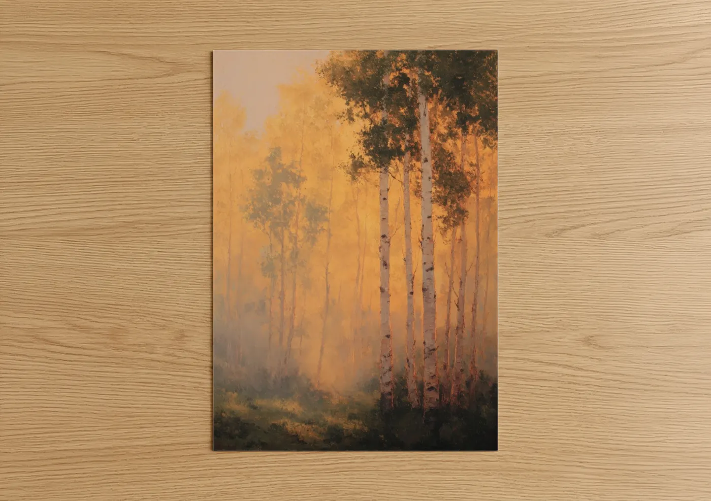 Art print on warm oak wood — yellow gold and cream palette — Golden Aspen Forest poster