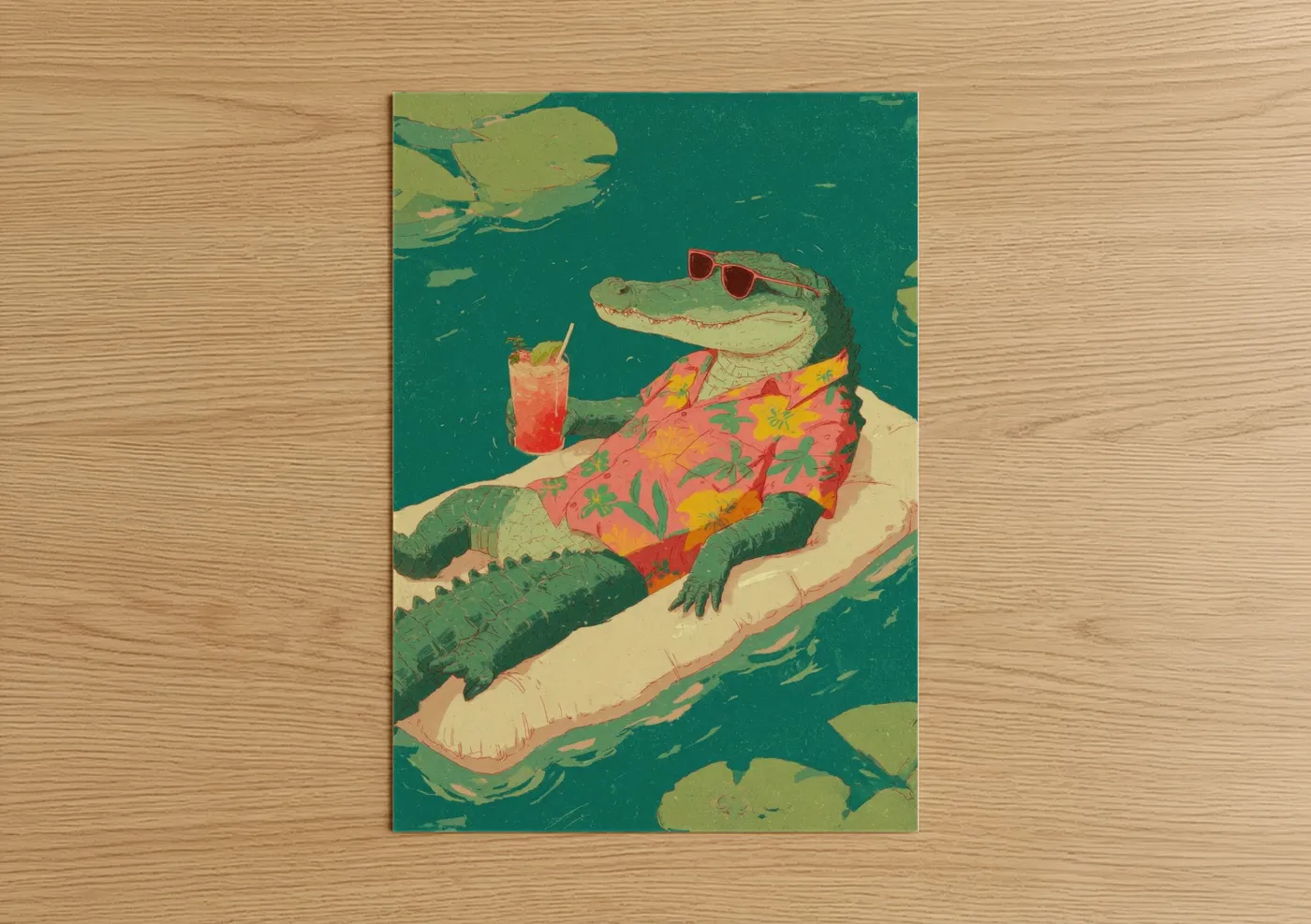 Art print on warm oak wood — teal and light green palette — Poolside Alligator poster