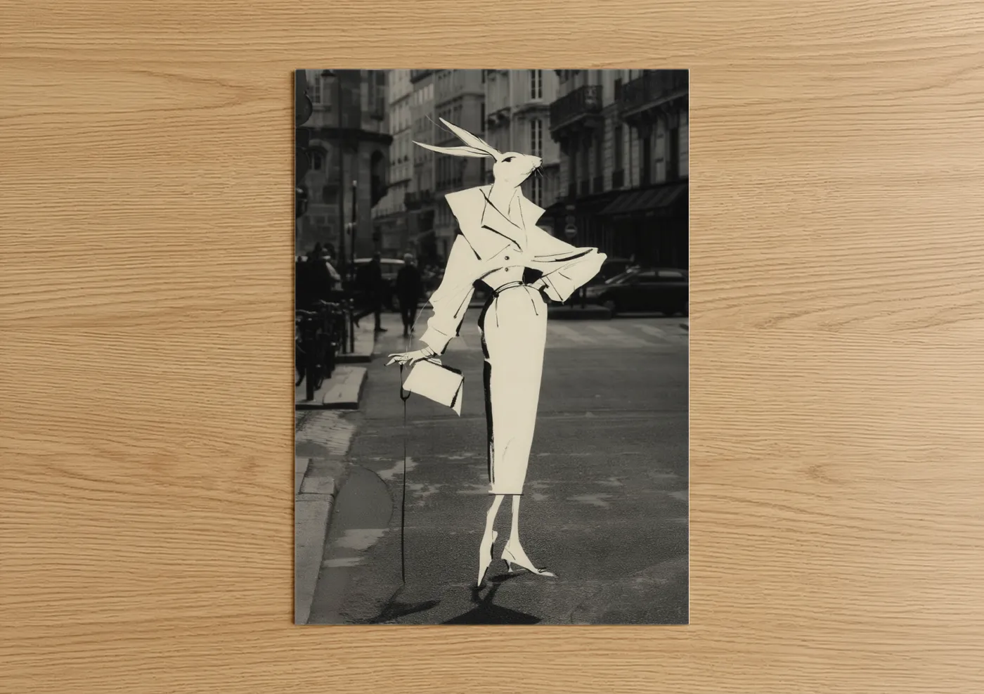 Art print on warm oak wood — black and white and cream palette — Urban Rabbit poster