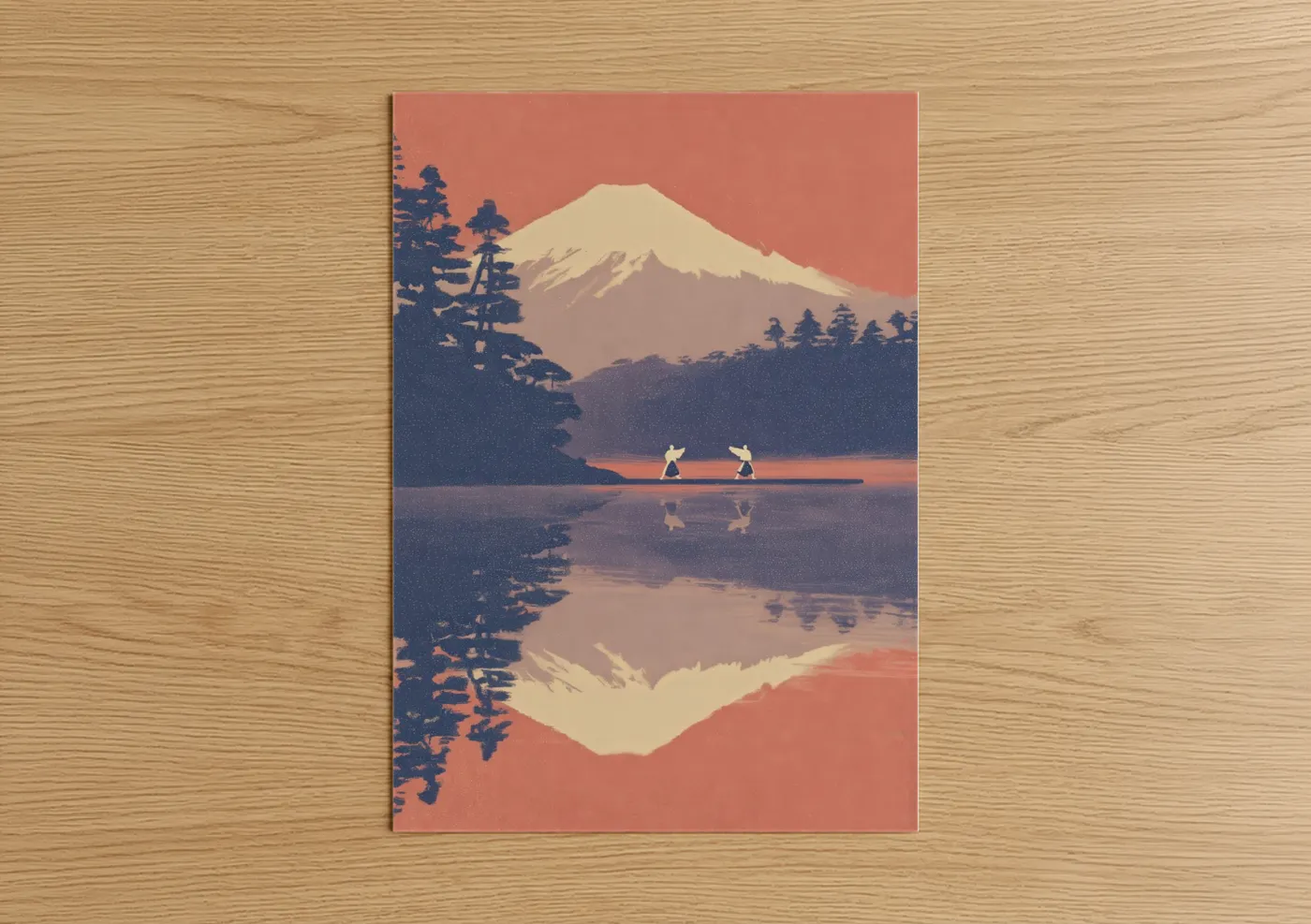Art print on warm oak wood — peach and dark blue palette — Lakeside Aikido poster