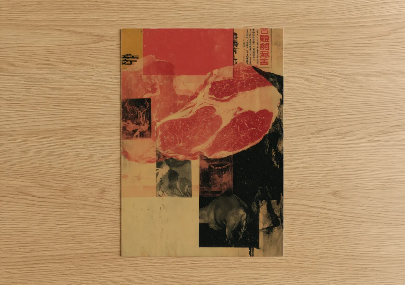 Meat art print on warm oak wood — red and beige palette — Marbled Beef Collage poster