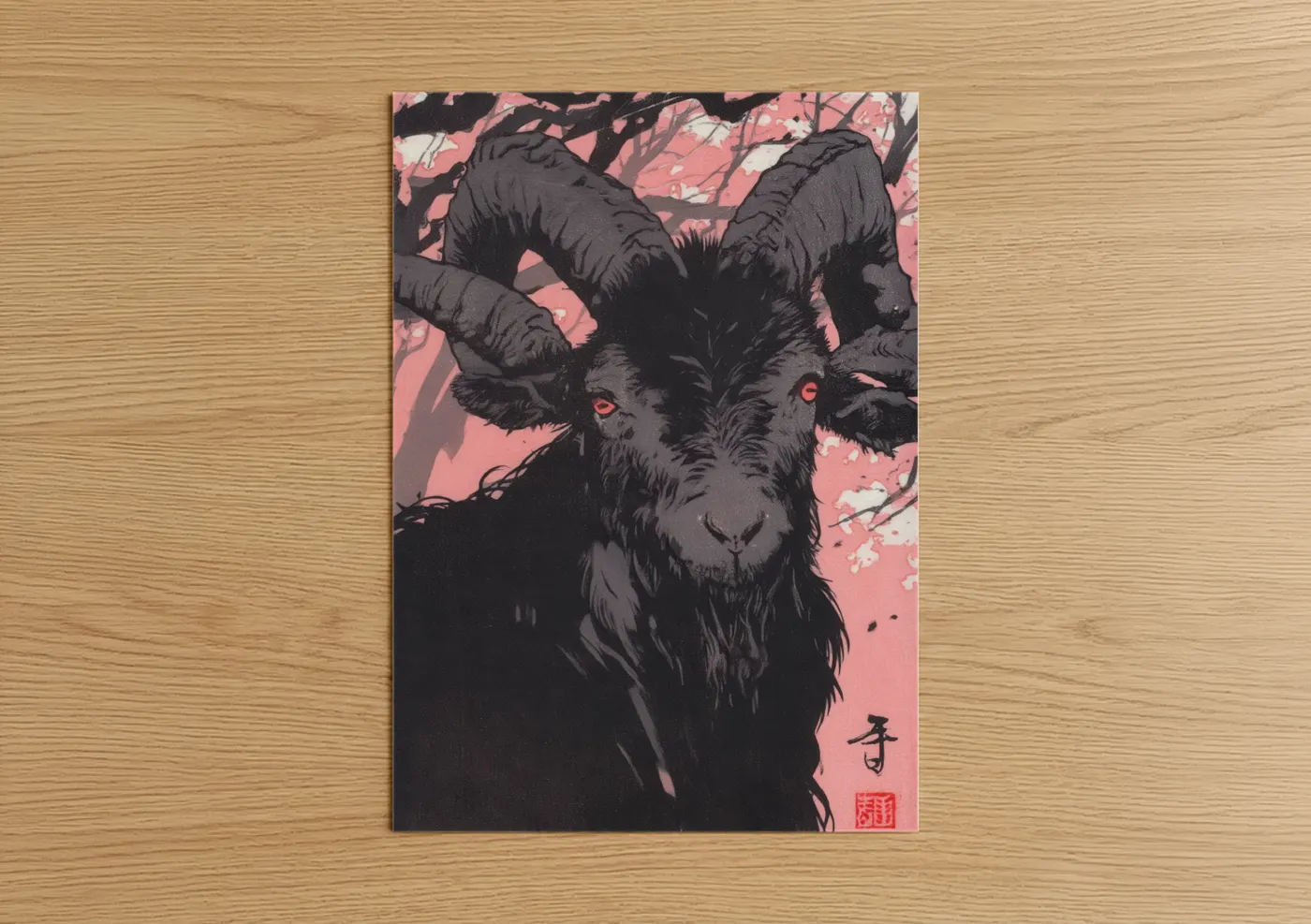Black Goat Pink Sky Japanese Wall Art