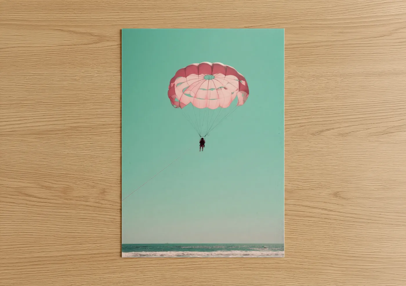 Parasailing art print on warm oak wood — turquoise and pink palette — Pink Parasail Sky poster