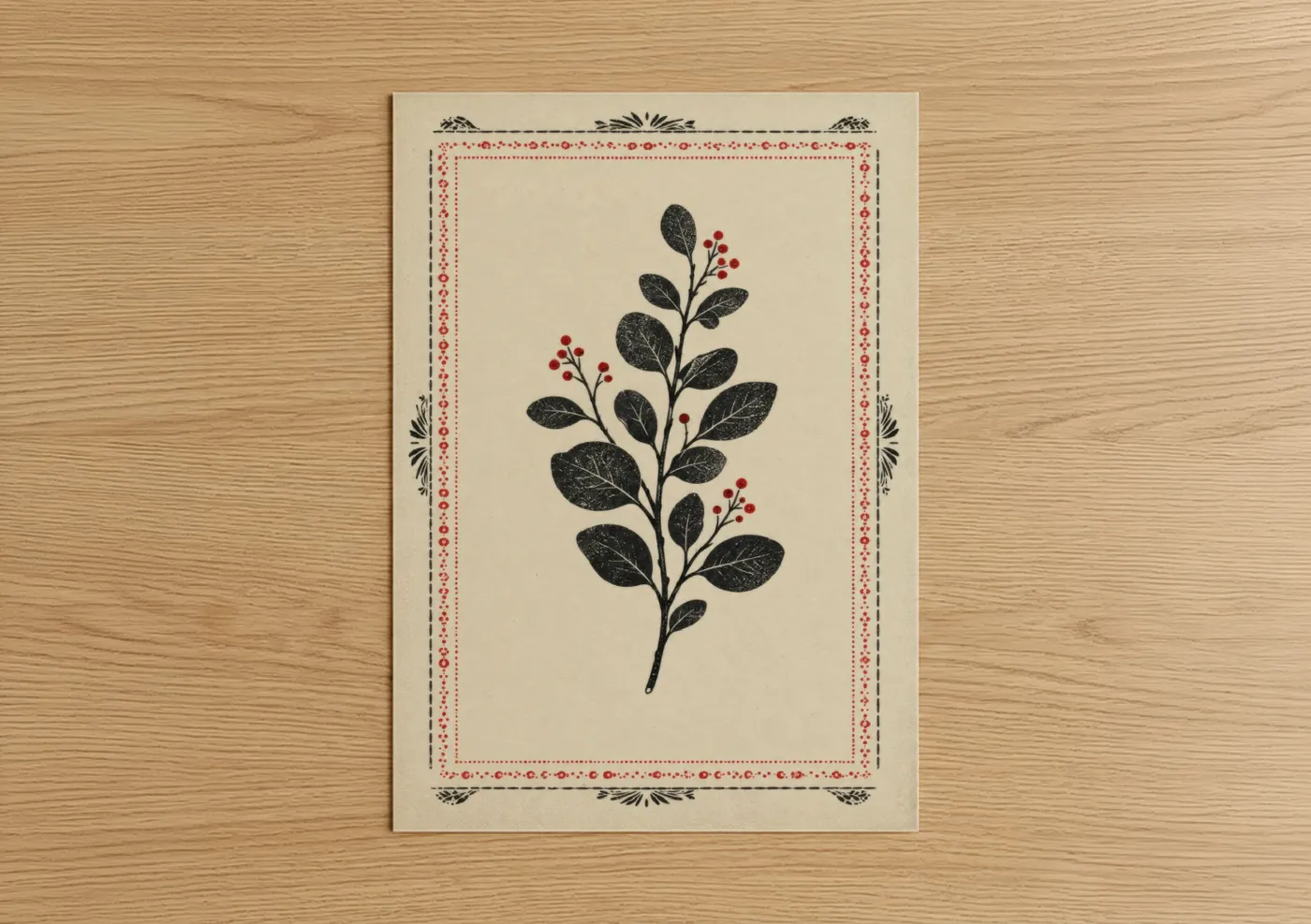 Plant art print on warm oak wood — black and white and red palette — Botanical Branch With Red Berries Wall Art poster