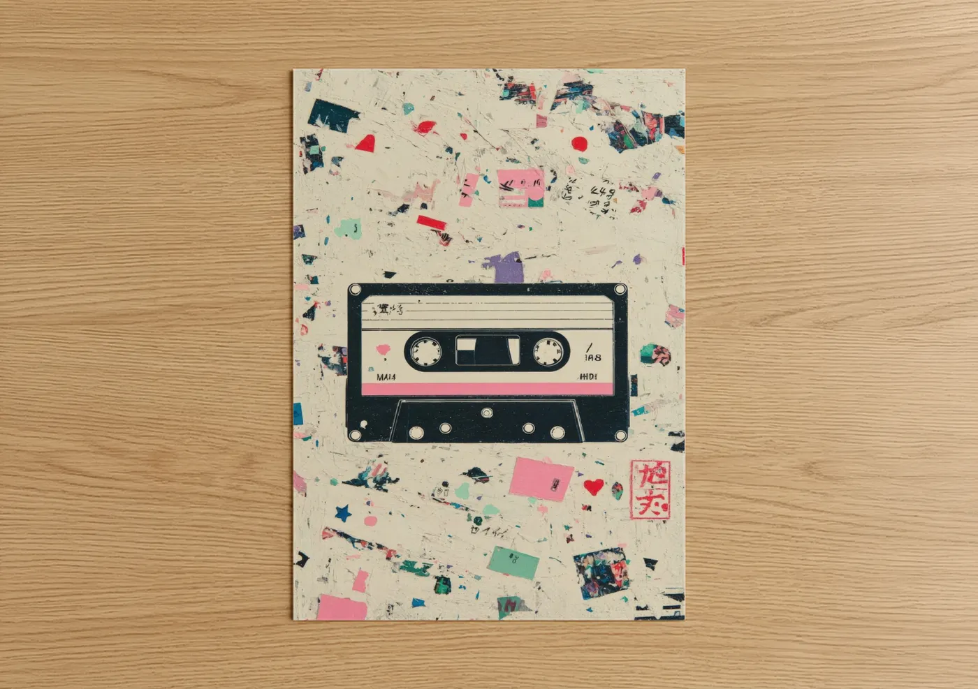Casette art print on warm oak wood — pink and cream palette — Retro Cassette Collage poster