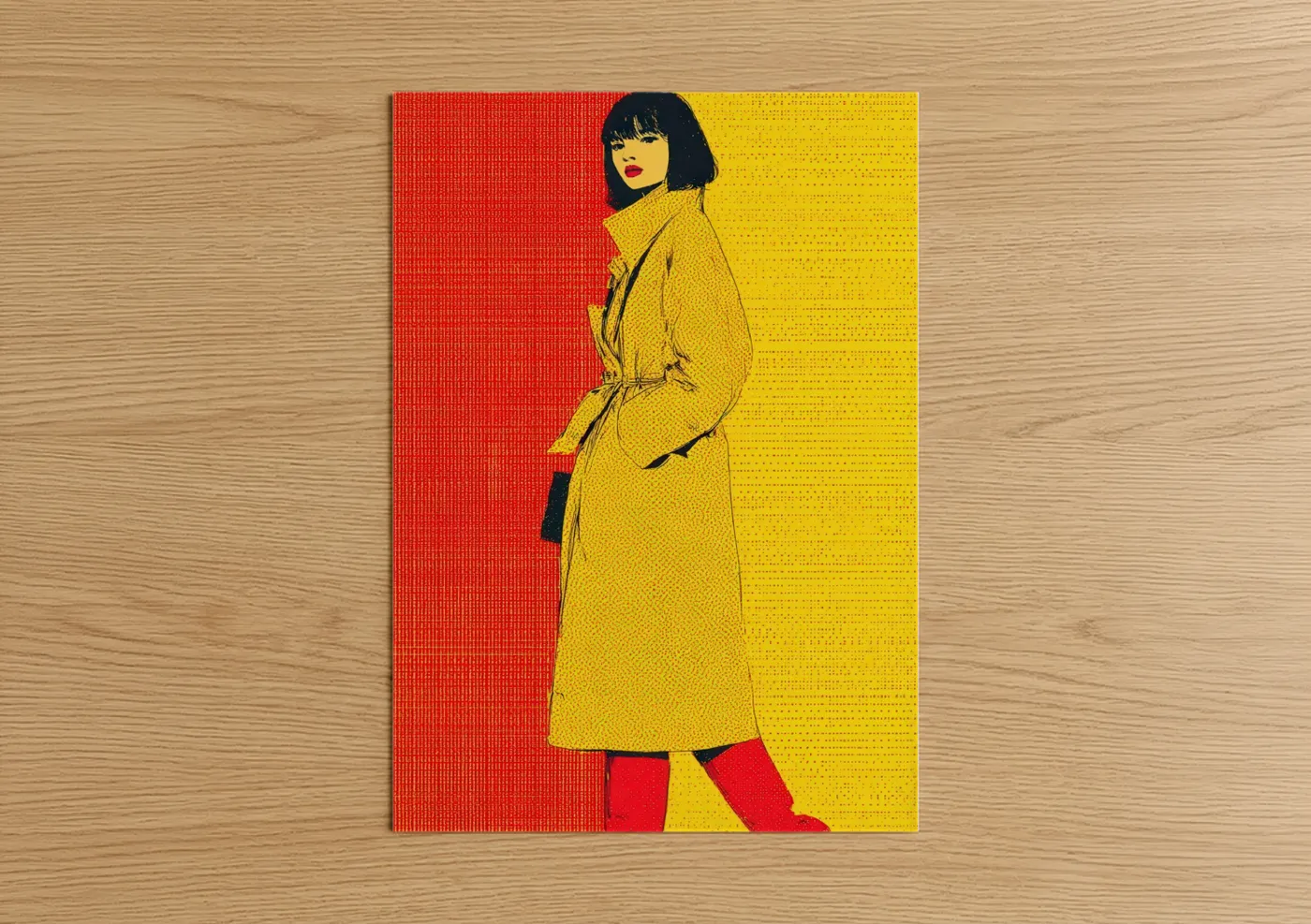 Fashion illustration art print on warm oak wood — red and yellow gold palette — Golden Coat Portrait poster