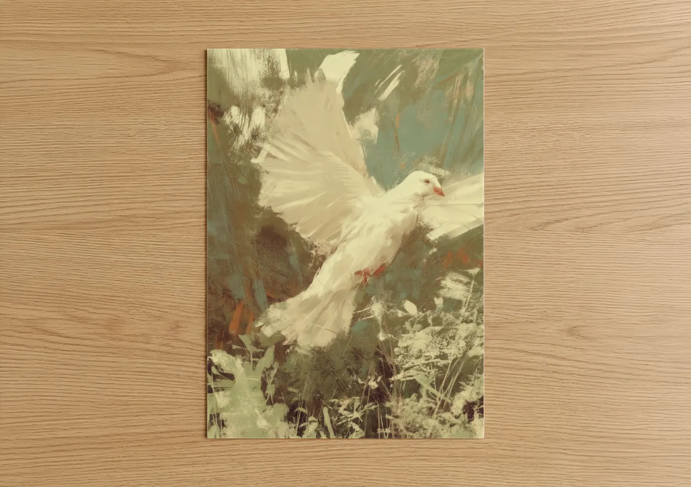 Art print on warm oak wood — cream and sage green palette — Peaceful Dove poster