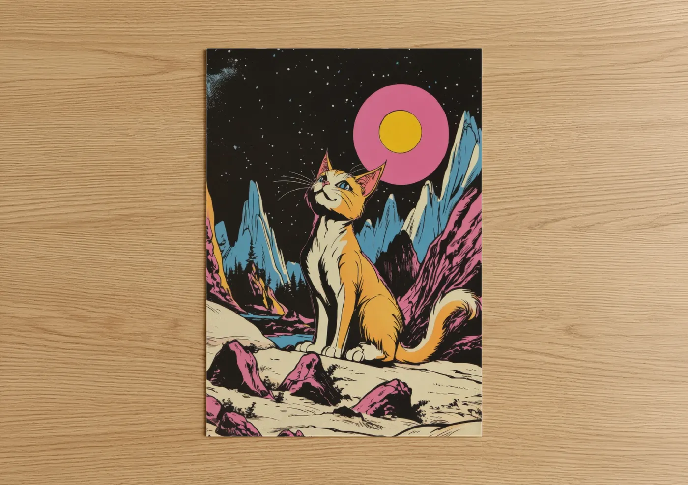 Comic books art print on warm oak wood — magenta and yellow gold palette — Cosmic Cat poster