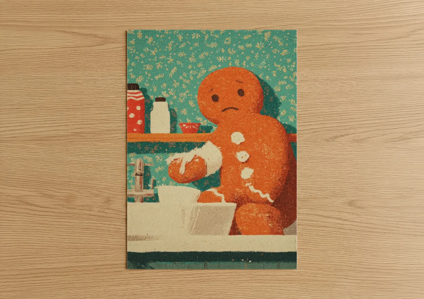 Christmas art print on warm oak wood — teal and gold palette — Melting Gingerbread poster