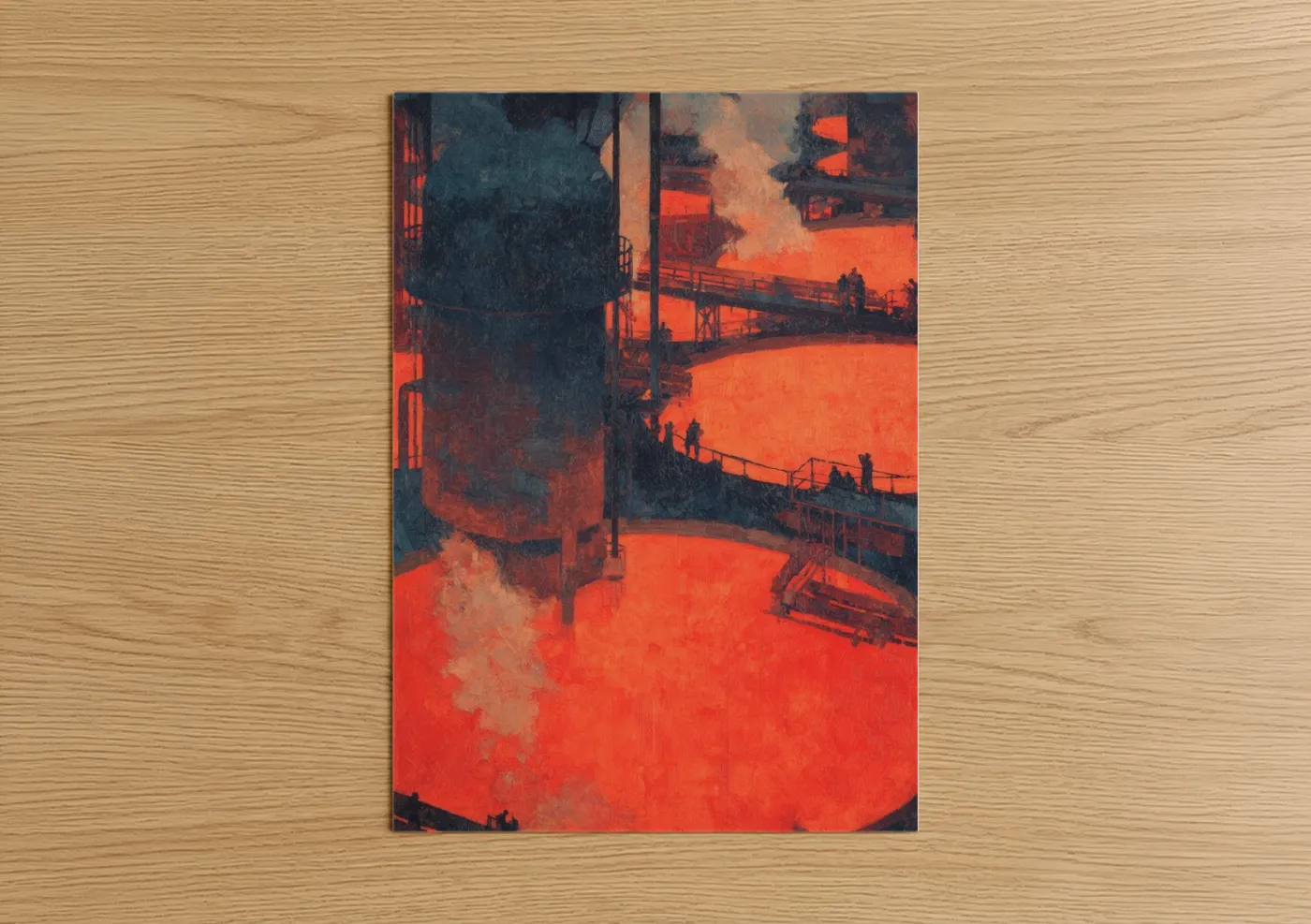 Art print on warm oak wood — red and black palette — Molten Factory poster