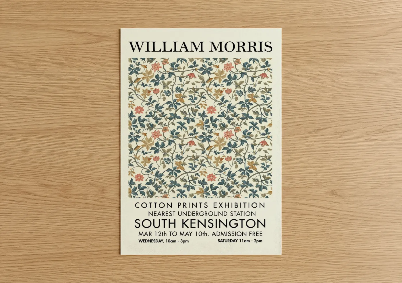 Abstract flower art print on warm oak wood — cream and teal palette — William Morris Floral poster