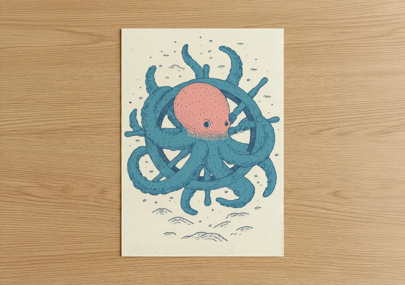 Octopus Shipwheel Nautical Illustration Wall Art