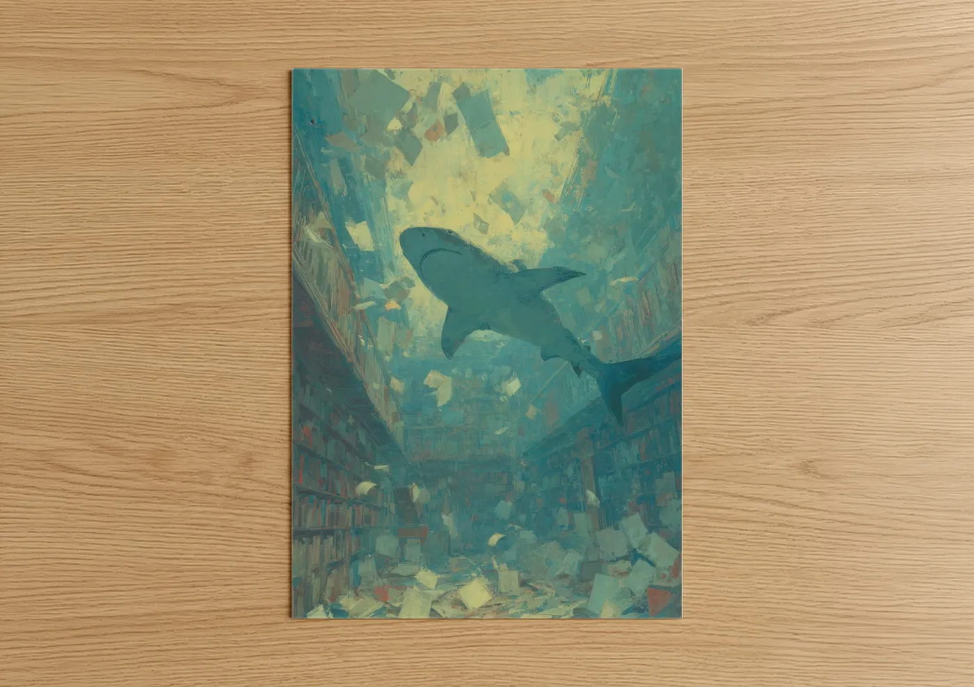 Bull shark art print on warm oak wood — teal and yellow gold palette — Urban Shark poster