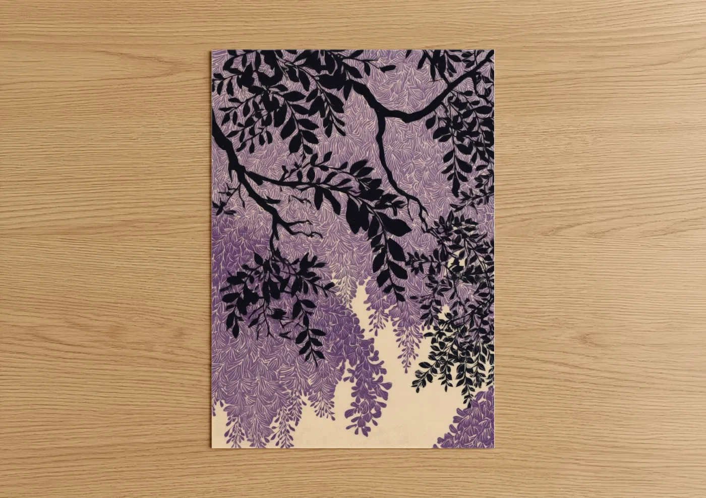 Art print on warm oak wood — purple and cream palette — Cascading Wisteria poster