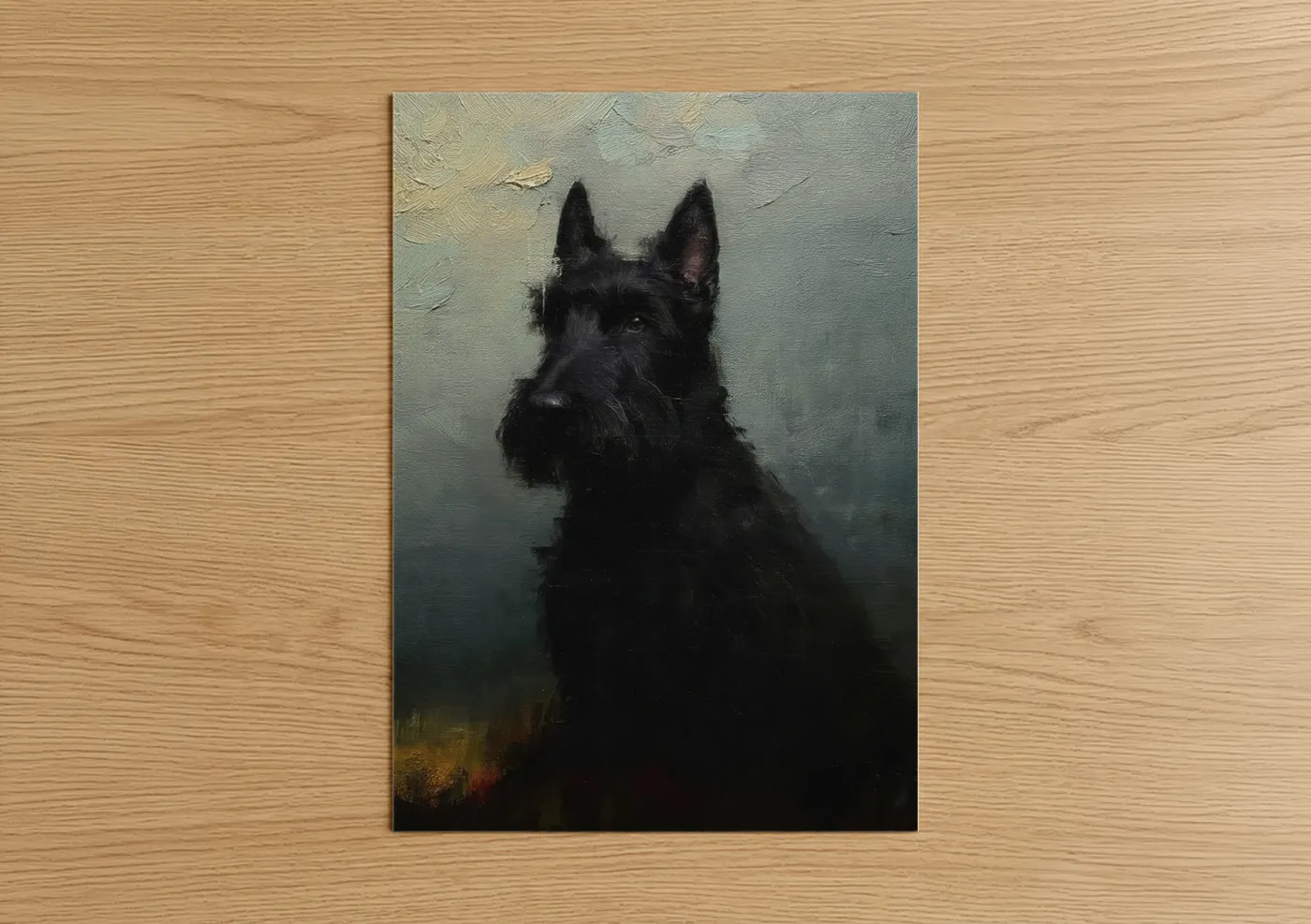 Art print on warm oak wood — black and gray palette — Contemplative Terrier poster