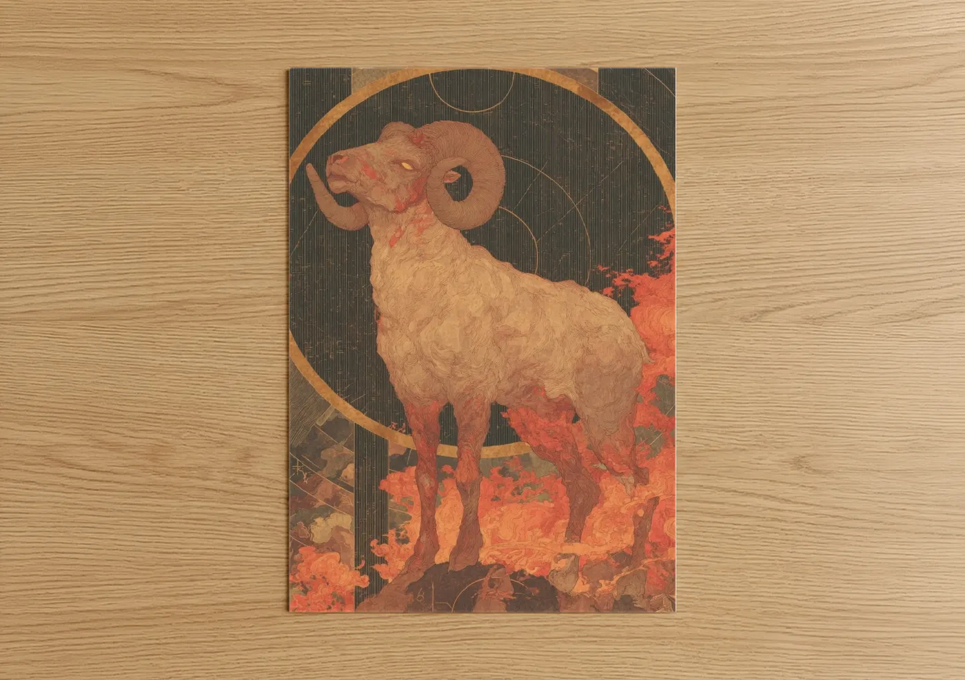 Art print on warm oak wood — gold and russet palette — Celestial Aries poster