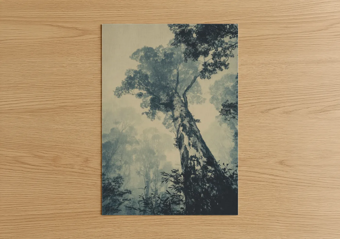 Art print on warm oak wood — blue and white and dove gray palette — Misty Kauri Tree poster