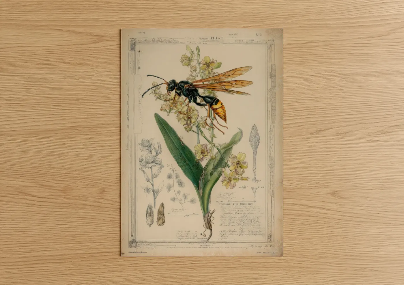 Golden Wasp Botanical Scientific Illustration Wall Art