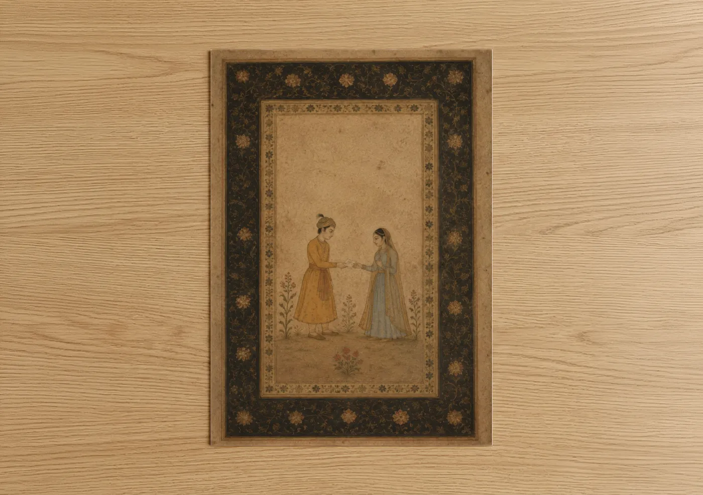 Couple art print on warm oak wood — beige and gold palette — Mughal Courtship Scene Wall Art poster