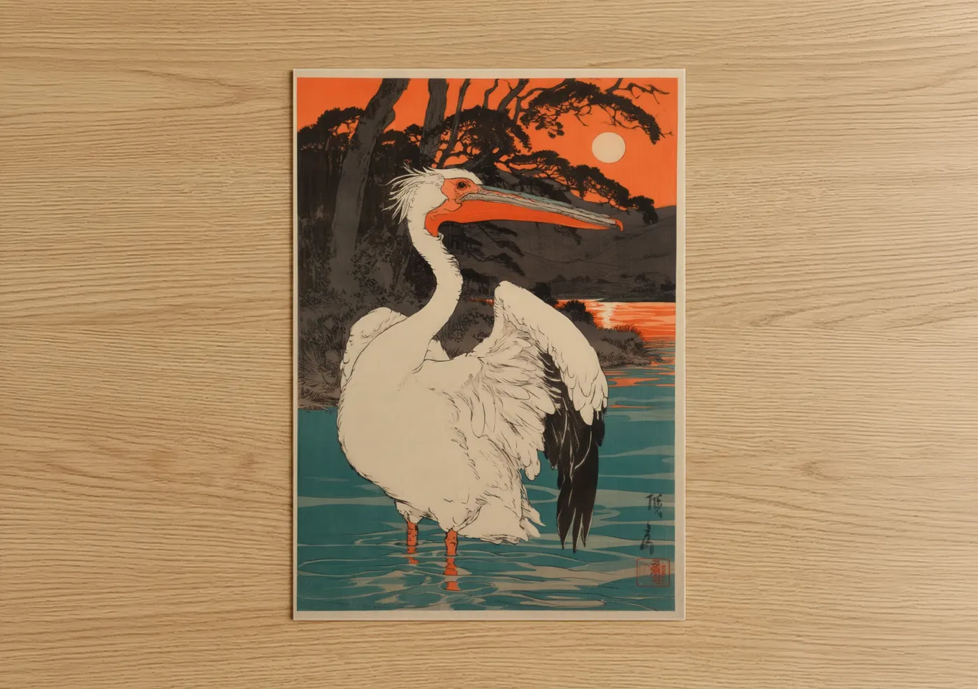Sunset Pelican Japanese Woodblock Wall Art