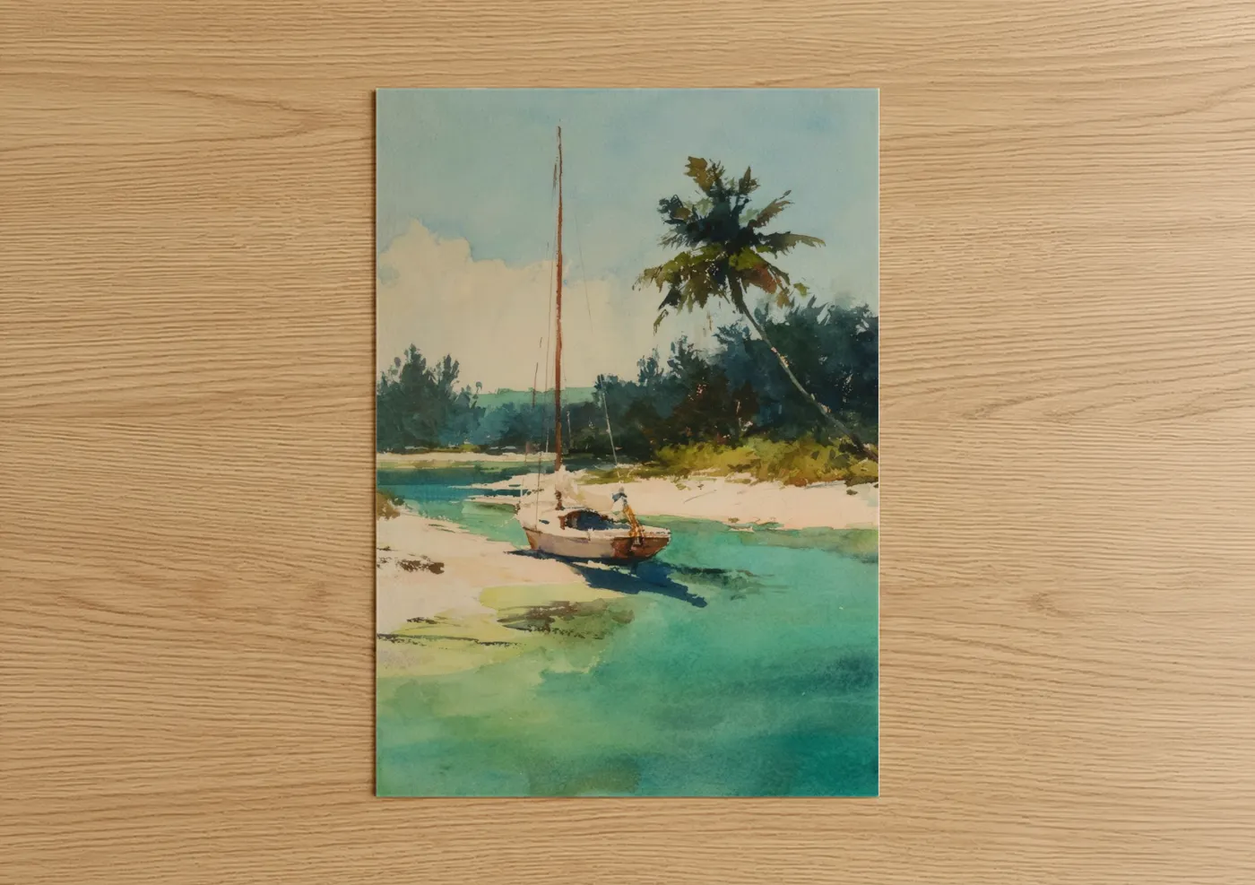 Tropical Sailing Boat Watercolor Lagoon Wall Art
