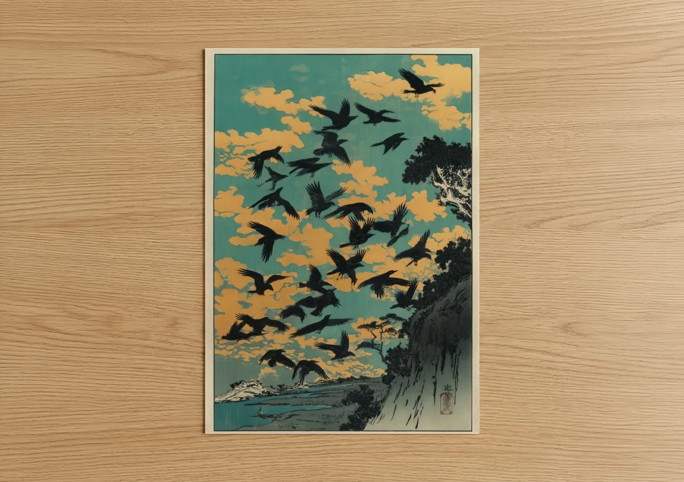 Crows and Ravens Flying Golden Sky Wall Art