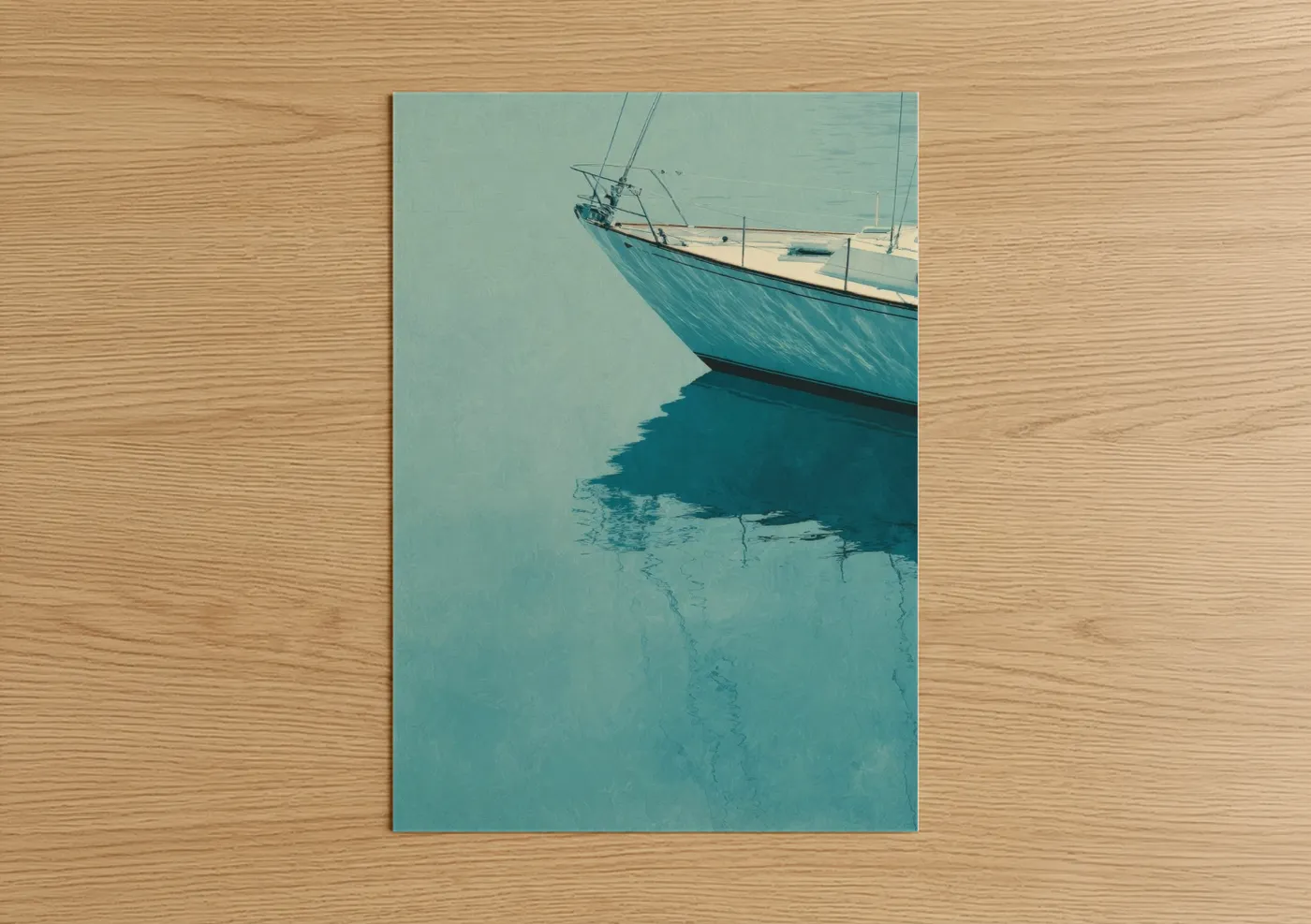 Sailing ship art print on warm oak wood — turquoise and blue palette — Turquoise Sailing Vessel poster