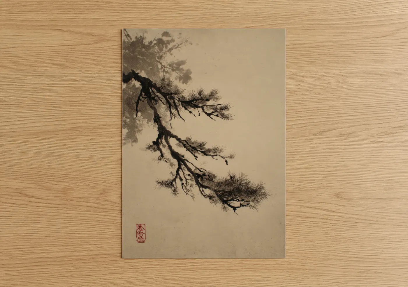 Ancient Redwood Branch Ink Painting Wall Art
