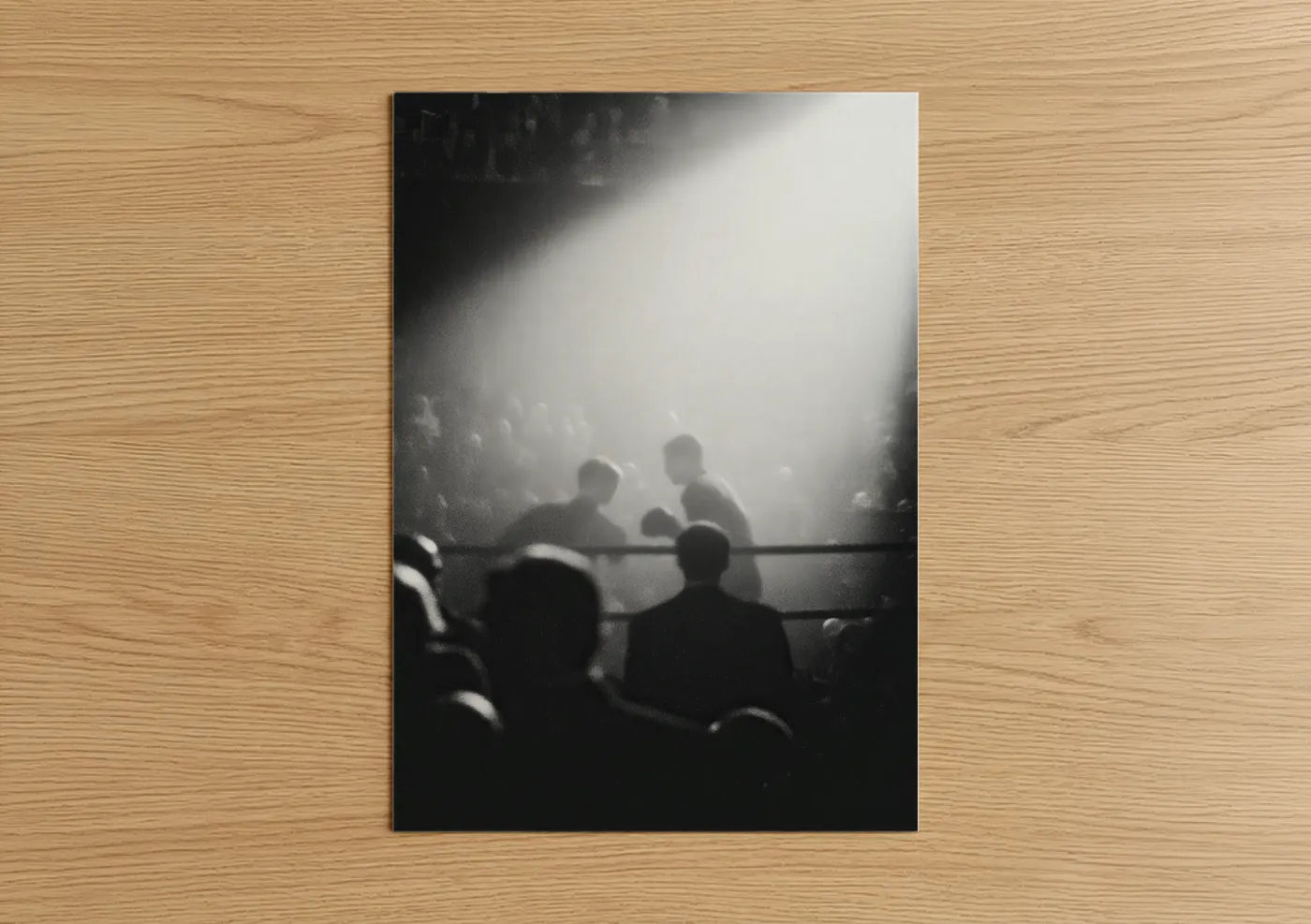 Art print on warm oak wood — black and white palette — Classic Boxing Ring poster