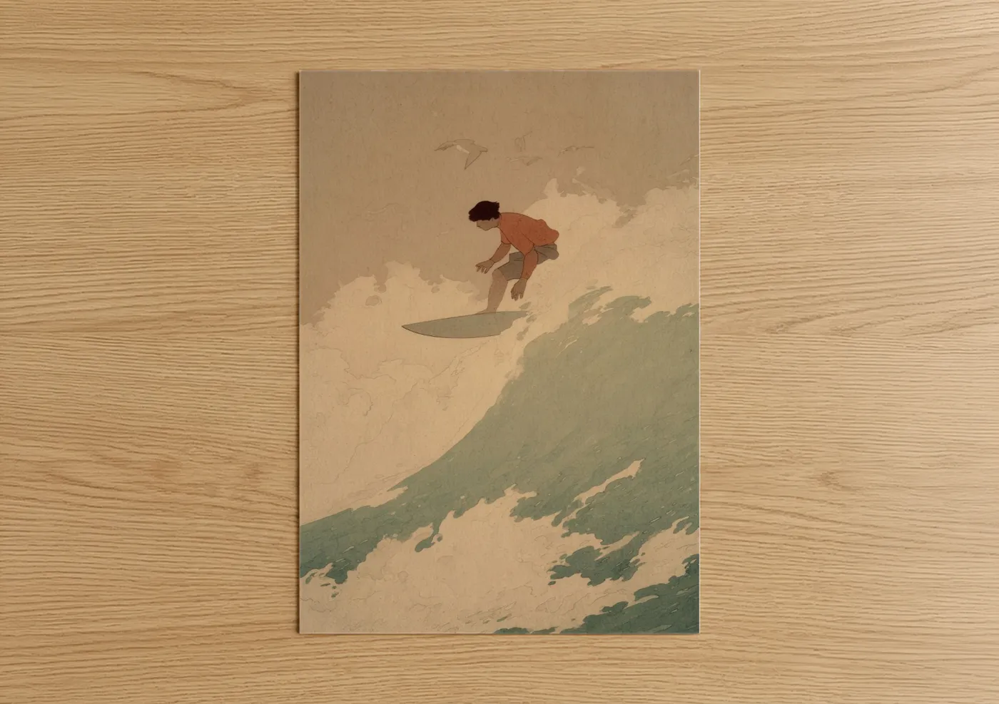 Surfing art print on warm oak wood — beige and sage green palette — Wave Rider poster