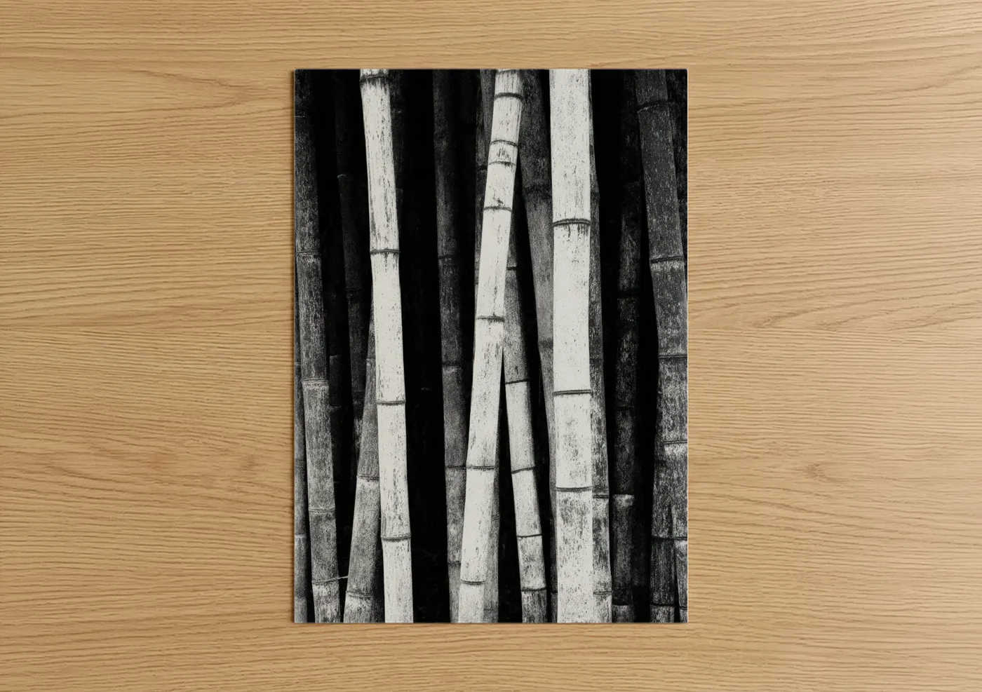Art print on warm oak wood — black and white palette — Monochrome Bamboo poster