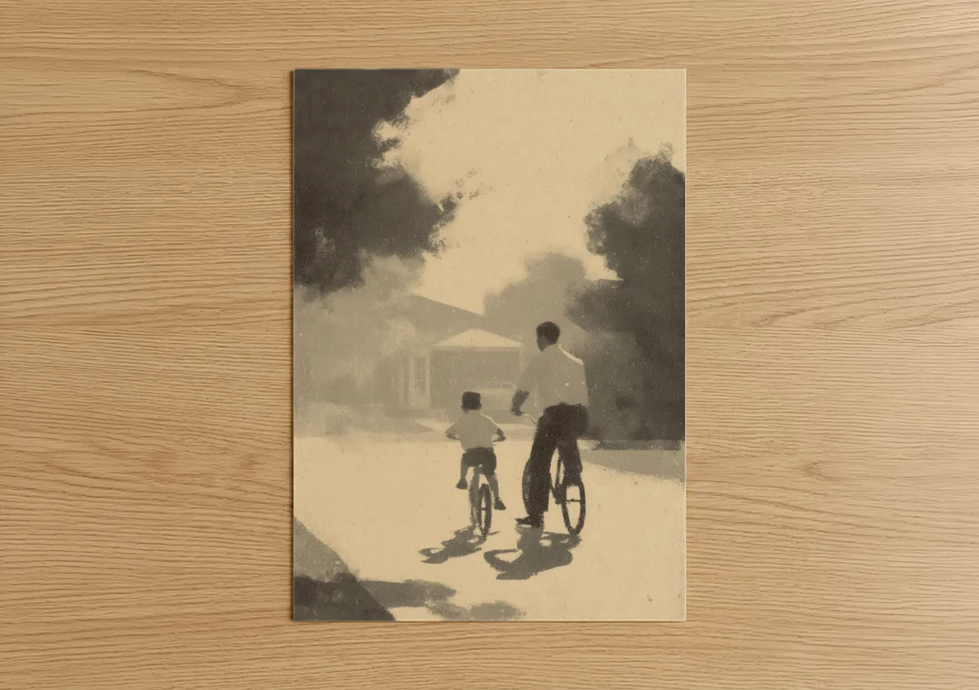 Father's day art print on warm oak wood — cream and dove gray palette — Vintage Cycling Bond poster
