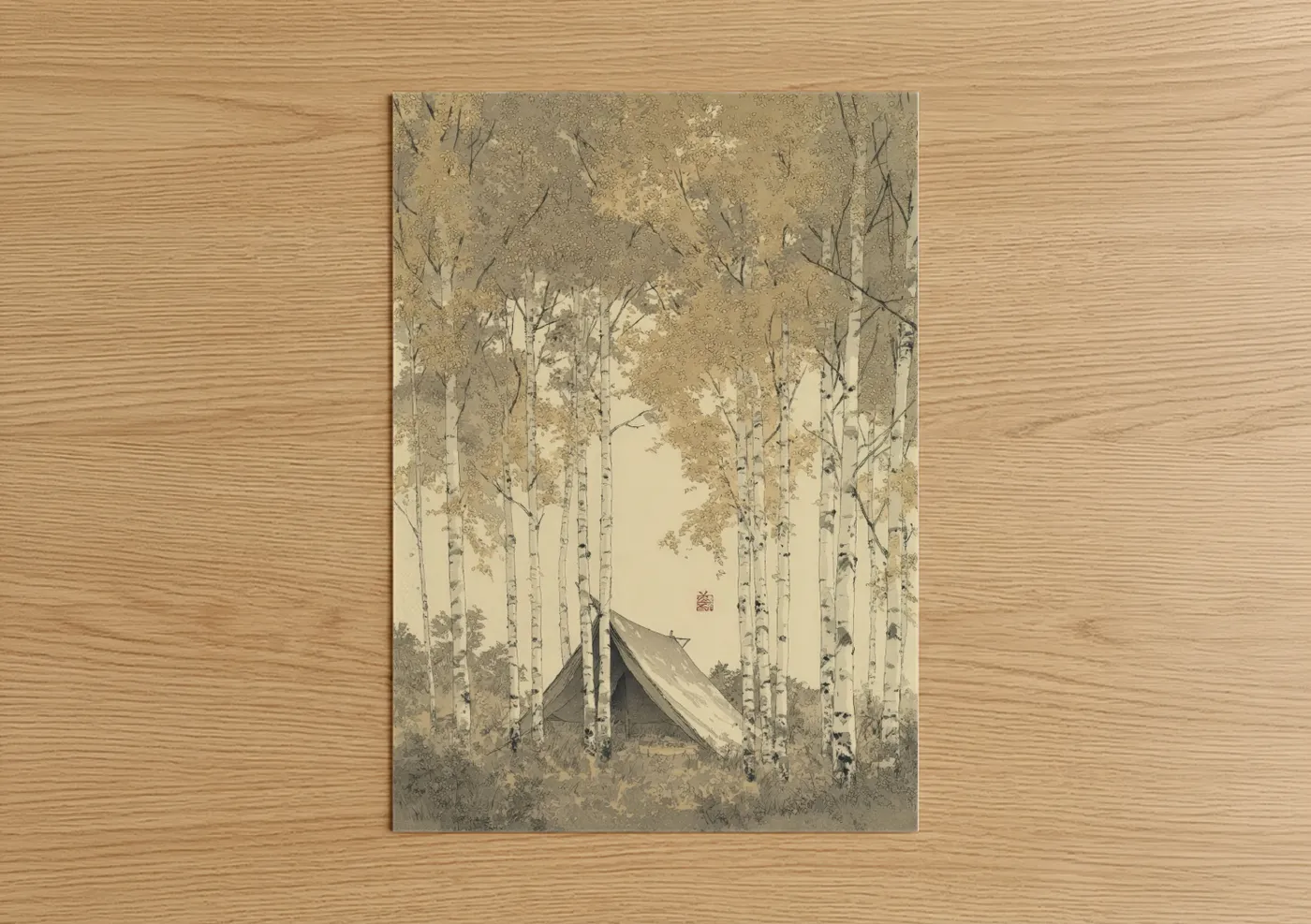 Birch Forest Camping Tent Illustration Wall Art